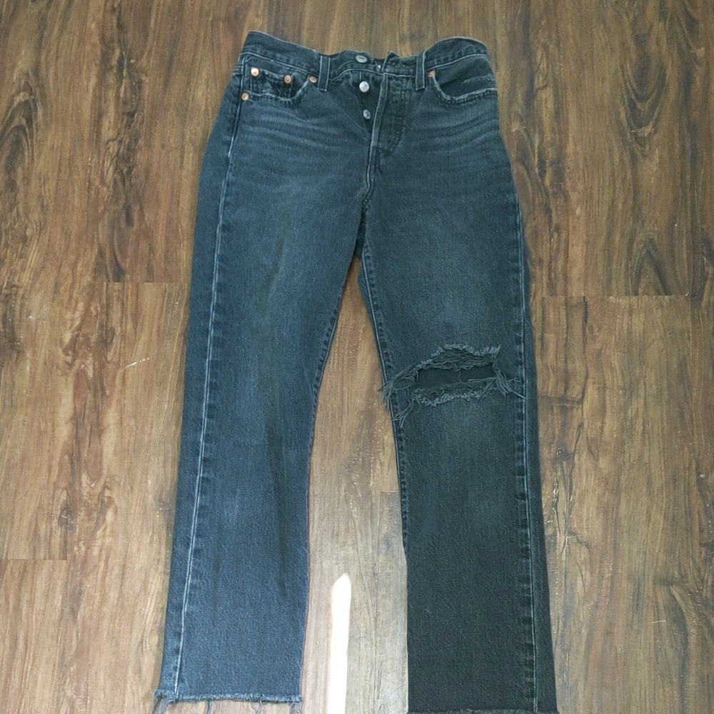 Levi's Cropped Ankle Jeans 26 Black Button Fly High Waist Distressed Grunge Fray - Picture 7 of 8